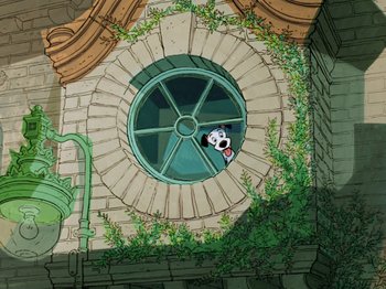 Movie still from “One Hundred and One Dalmatians” (1961), directed by Wolfgang Reitherman – A painting of a panda bear looking out of a round window; Extreme Wide shot, Low angle