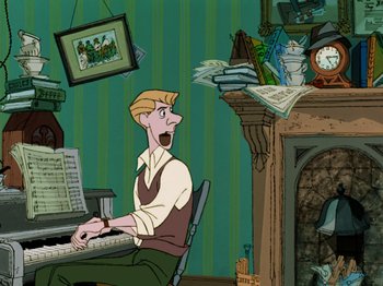 Movie still from “One Hundred and One Dalmatians” (1961), directed by Wolfgang Reitherman – A man sitting in front of a keyboard in front of a fire place; Medium shot, High angle