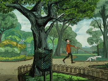 Movie still from “One Hundred and One Dalmatians” (1961), directed by Wolfgang Reitherman – A man walking in a park near a large tree; Extreme Wide shot, High angle