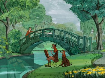 A painting of a man and a dog sitting in front of a bridge