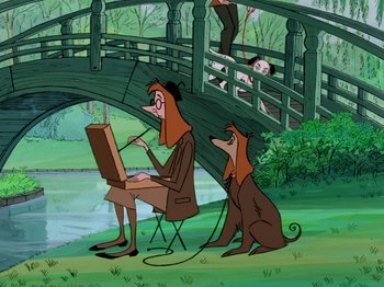 Movie still from “One Hundred and One Dalmatians” (1961), directed by Wolfgang Reitherman – An animated scene of a man and a dog sitting in front of an easel; Wide shot, Low angle
