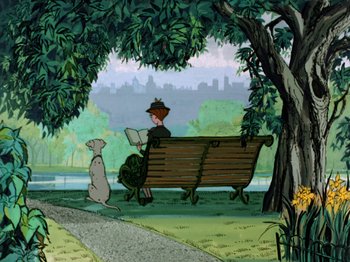 Movie still from “One Hundred and One Dalmatians” (1961), directed by Wolfgang Reitherman – A man sitting on top of a wooden bench next to a dog; Wide shot, High angle