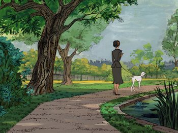 Movie still from “One Hundred and One Dalmatians” (1961), directed by Wolfgang Reitherman – A woman walking a dog on a leash in a park; Extreme Wide shot, Low angle