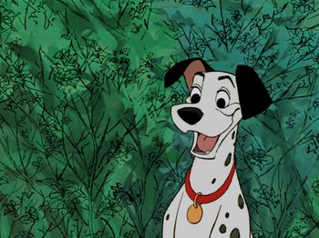 Movie still from “One Hundred and One Dalmatians” (1961), directed by Wolfgang Reitherman – A dalmatian dog with a red and white collar; Medium shot, Low angle
