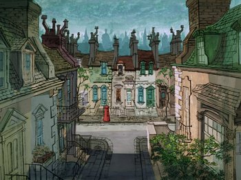 Movie still from “One Hundred and One Dalmatians” (1961), directed by Wolfgang Reitherman – An artistic drawing of an alley way with a red fire hydrant in it; Extreme Wide shot, High angle