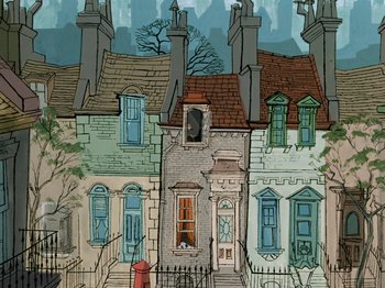 Movie still from “One Hundred and One Dalmatians” (1961), directed by Wolfgang Reitherman – An illustration of a row of houses in a city; Extreme Wide shot, Overhead angle