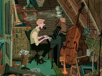 Movie still from “One Hundred and One Dalmatians” (1961), directed by Wolfgang Reitherman – A man is playing the piano in a room full of clutter; Wide shot, High angle