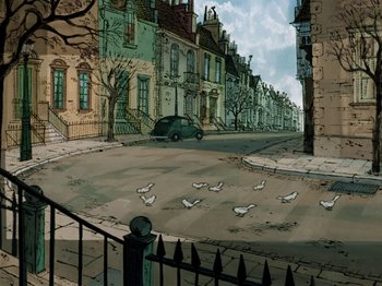 Movie still from “One Hundred and One Dalmatians” (1961), directed by Wolfgang Reitherman – An illustration of a street with pigeons on the sidewalk; Extreme Wide shot, High angle