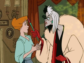 Movie still from “One Hundred and One Dalmatians” (1961), directed by Wolfgang Reitherman – A woman is holding a pencil and a man is holding a white coat; Close Up shot, Over the shoulder angle