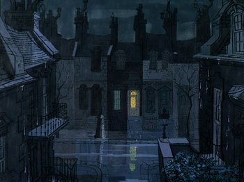 Movie still from “One Hundred and One Dalmatians” (1961), directed by Wolfgang Reitherman – An animated picture of an old town at night; Extreme Wide shot, High angle