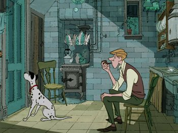 Movie still from “One Hundred and One Dalmatians” (1961), directed by Wolfgang Reitherman – A man sitting in a chair next to a dalmatian dog; Wide shot, High angle