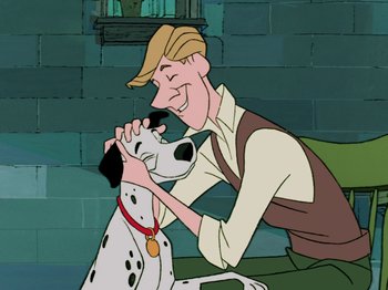 Movie still from “One Hundred and One Dalmatians” (1961), directed by Wolfgang Reitherman – A man petting a dalmatian dog on his face; Close Up shot, Low angle