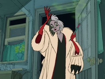 Movie still from “One Hundred and One Dalmatians” (1961), directed by Wolfgang Reitherman – A woman in a white coat and red gloves holding a pen; Medium shot, Low angle