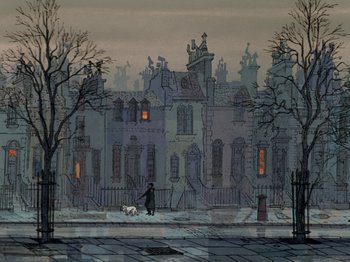 Movie still from “One Hundred and One Dalmatians” (1961), directed by Wolfgang Reitherman – An animated scene of a person walking a dog in front of a house; Extreme Wide shot, High angle