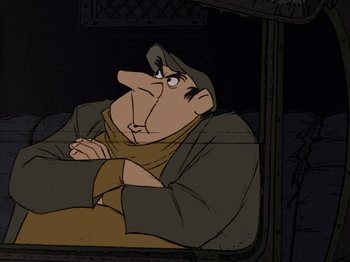 Movie still from “One Hundred and One Dalmatians” (1961), directed by Wolfgang Reitherman – An animated man in a brown jacket and a brown hat; Close Up shot, High angle