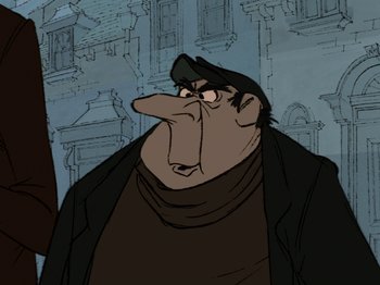 Movie still from “One Hundred and One Dalmatians” (1961), directed by Wolfgang Reitherman – An animated picture of a man with a mustache; Close Up shot, Low angle