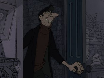 Movie still from “One Hundred and One Dalmatians” (1961), directed by Wolfgang Reitherman – An animated man is standing in front of a door; Medium shot, Low angle