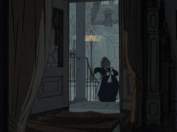 Movie still from “One Hundred and One Dalmatians” (1961), directed by Wolfgang Reitherman – A woman in a black dress holding a cane; Wide shot, High angle