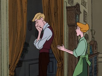 Movie still from “One Hundred and One Dalmatians” (1961), directed by Wolfgang Reitherman – A man and a woman standing next to each other in a room; Medium shot, Over the shoulder angle