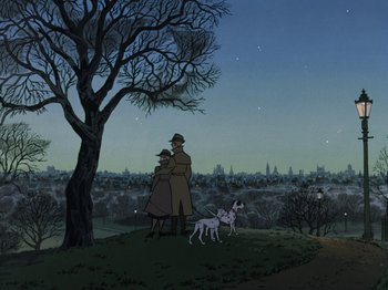 Movie still from “One Hundred and One Dalmatians” (1961), directed by Wolfgang Reitherman – Two people standing on a hill with a dog and a tree; Wide shot, High angle