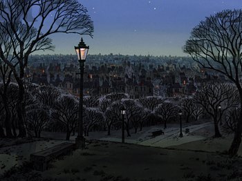 Movie still from “One Hundred and One Dalmatians” (1961), directed by Wolfgang Reitherman – A lamp post in the middle of a city at night; Extreme Wide shot, High angle