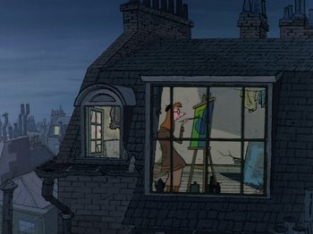 Movie still from “One Hundred and One Dalmatians” (1961), directed by Wolfgang Reitherman – An artist is painting in the window of a house; Wide shot, Low angle