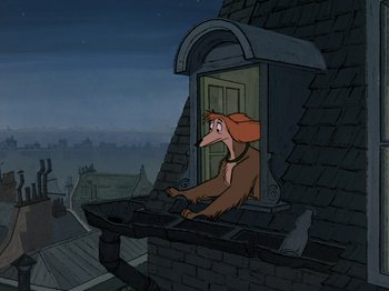 Movie still from “One Hundred and One Dalmatians” (1961), directed by Wolfgang Reitherman – A woman sitting on a window ledge looking out of a window; Wide shot, Low angle