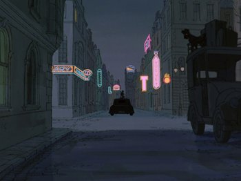 Movie still from “One Hundred and One Dalmatians” (1961), directed by Wolfgang Reitherman – An old car driving down a street at night; Extreme Wide shot, High angle