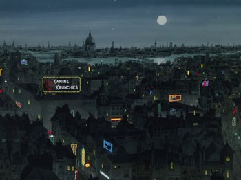 Movie still from “One Hundred and One Dalmatians” (1961), directed by Wolfgang Reitherman – An illustration of a city at night with a full moon; Extreme Wide shot, High angle