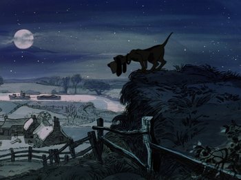 Movie still from “One Hundred and One Dalmatians” (1961), directed by Wolfgang Reitherman – A dog standing on top of a hill at night; Extreme Wide shot, High angle