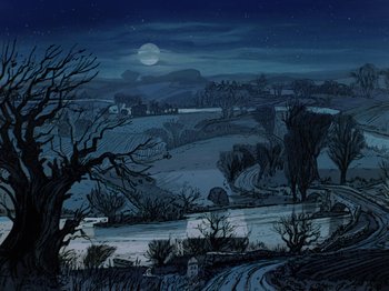 Movie still from “One Hundred and One Dalmatians” (1961), directed by Wolfgang Reitherman – A painting of a full moon over a snowy landscape at night; Extreme Wide shot, High angle