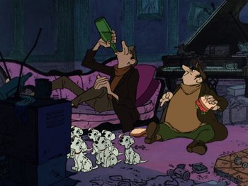 Movie still from “One Hundred and One Dalmatians” (1961), directed by Wolfgang Reitherman – A group of cartoon characters sitting on a couch; Wide shot, High angle
