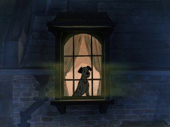 Movie still from “One Hundred and One Dalmatians” (1961), directed by Wolfgang Reitherman – A dog sitting in the window of a house at night; Wide shot, Low angle