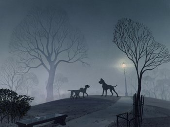 Movie still from “One Hundred and One Dalmatians” (1961), directed by Wolfgang Reitherman – A couple of dogs standing on top of a hill; Wide shot, High angle