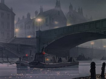 Movie still from “One Hundred and One Dalmatians” (1961), directed by Wolfgang Reitherman – A boat floating on top of a body of water near a bridge; Extreme Wide shot, Low angle