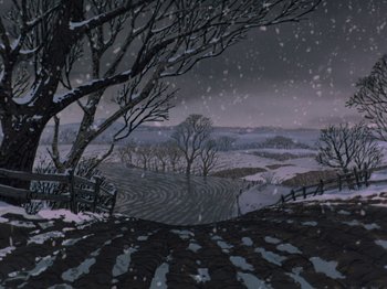 Movie still from “One Hundred and One Dalmatians” (1961), directed by Wolfgang Reitherman – An artistic painting of a snowy landscape with trees; Extreme Wide shot, High angle