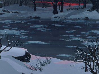 Movie still from “One Hundred and One Dalmatians” (1961), directed by Wolfgang Reitherman – A painting of a snowy landscape with trees and a river; Extreme Wide shot, High angle