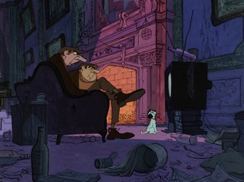 Movie still from “One Hundred and One Dalmatians” (1961), directed by Wolfgang Reitherman – An animated scene of a man and a cat; Wide shot, Low angle