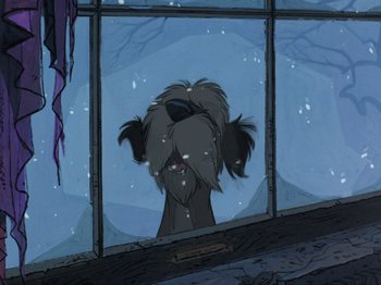 Movie still from “One Hundred and One Dalmatians” (1961), directed by Wolfgang Reitherman – A dog looking out of a window in the snow; Close Up shot, Low angle