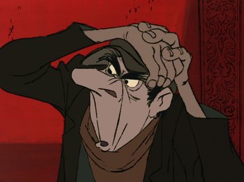 Movie still from “One Hundred and One Dalmatians” (1961), directed by Wolfgang Reitherman – An animated man with a mask on his face; Close Up shot, High angle