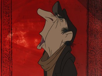 Movie still from “One Hundred and One Dalmatians” (1961), directed by Wolfgang Reitherman – An animated man in a hat and a jacket; Close Up shot, Overhead angle