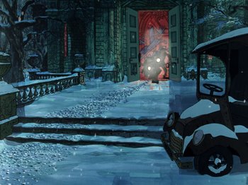 Movie still from “One Hundred and One Dalmatians” (1961), directed by Wolfgang Reitherman – An old car is parked in front of an entrance to a building; Extreme Wide shot, High angle