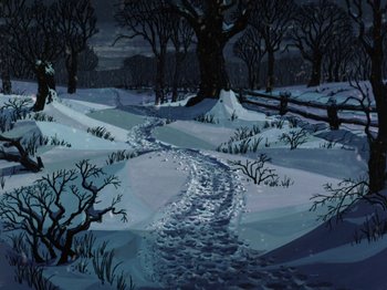 Movie still from “One Hundred and One Dalmatians” (1961), directed by Wolfgang Reitherman – A painting of a snowy path in the middle of the night; Extreme Wide shot, High angle