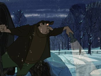 Movie still from “One Hundred and One Dalmatians” (1961), directed by Wolfgang Reitherman – An animated picture of a man holding a knife; Medium shot, Low angle