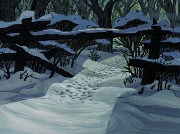 Movie still from “One Hundred and One Dalmatians” (1961), directed by Wolfgang Reitherman – A painting of a path in the snow; Extreme Wide shot, High angle