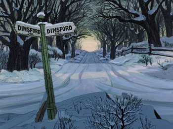 Movie still from “One Hundred and One Dalmatians” (1961), directed by Wolfgang Reitherman – A street sign in the middle of a snowy road; Extreme Wide shot, High angle