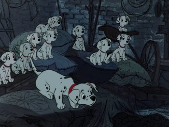 Movie still from “One Hundred and One Dalmatians” (1961), directed by Wolfgang Reitherman – A group of dalmatian puppies sitting on top of a pile; Wide shot, High angle
