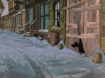 Movie still from “One Hundred and One Dalmatians” (1961), directed by Wolfgang Reitherman – An artistic painting of a street with snow on the ground; Extreme Wide shot, High angle