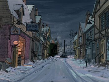 Movie still from “One Hundred and One Dalmatians” (1961), directed by Wolfgang Reitherman – An animated street scene of a snowy night; Extreme Wide shot, High angle
