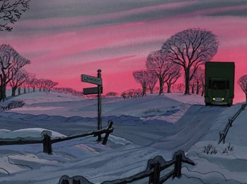 Movie still from “One Hundred and One Dalmatians” (1961), directed by Wolfgang Reitherman – A painting of a road sign and trees in the background; Extreme Wide shot, Low angle